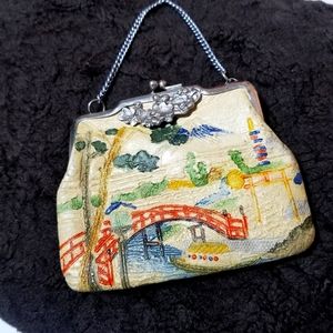 Antique Japanese Themed Hand Painted Tooled Leather Coin Purse.